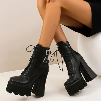 RIBETRINI Секси Brand Lady Block Heel дизайнерски черни обувки с цип твърди обувки на високи токчета и дантели глезена Дамски ботуши зимни ботуши
