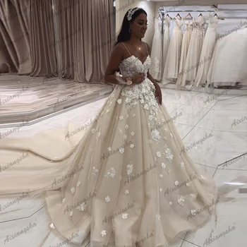 2021 Шампанско Принцеса Сватбени Рокли Скъпа Бяла Апликация На Цветя A-Line Тюл Спагети Презрамки Сватбена Рокля