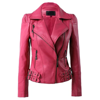 Жените ПУ кожено яке Пролет с дълъг ръкав тънки късо палто дами ефектен розов син черен мотоциклет яке ветровка палто