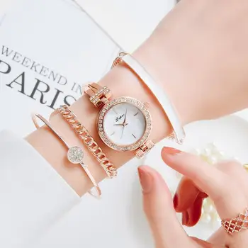 Мода 4шт комплект дамски часовници луксозни ключалката цвете от кристал часовници дамски Кварцов часовник гривна набор от Reloj Mujer
