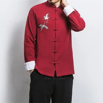 2020 Нова година Тан костюм на традиционната китайска облекло за мъже памук, бродерия кран Кунг-Фу равномерно Hanfu блуза, риза 9 цвята
