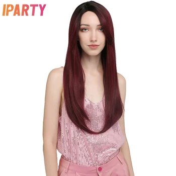 Розов дантелен синтетични перука за жените дълги прави червени цветни перуки термостойкое влакна романтична ежедневно парти cosplay перука IPARTY