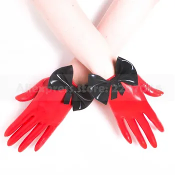 Червени гумени латекс фетишистские къси ръкавици с лък RLM100