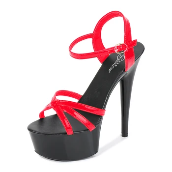 Shuzumiao Дамски обувки подиум модел сандали на висок ток, Секси Червена платформа смесени цветове на 15 см токчета Nightclu Pole Dancing Shoes