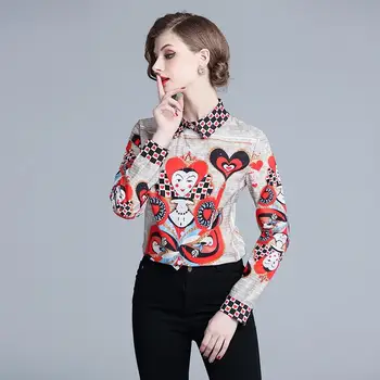 2019 Нова Мода Високо Качество Дамски Дрехи, Блузи Блузи И Ризи На Всекидневния Печат С Дълъг Ръкав Реколта Тънка Риза