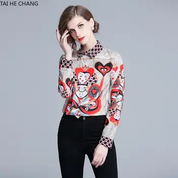 2019 Нова Мода Високо Качество Дамски Дрехи, Блузи Блузи И Ризи На Всекидневния Печат С Дълъг Ръкав Реколта Тънка Риза