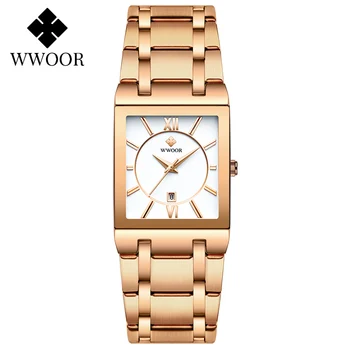 Луксозни дамски часовник 2021 Fashion Square Quartz Watch Women WWOOR Top Brand Rose Gold Steel Date Clock reloj mujer montre femme