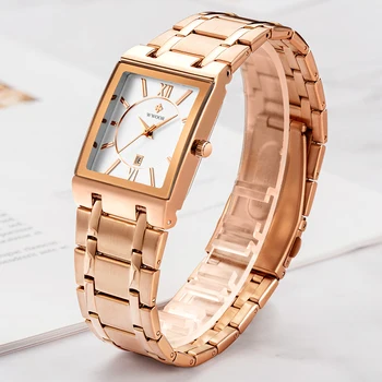 Луксозни дамски часовник 2021 Fashion Square Quartz Watch Women WWOOR Top Brand Rose Gold Steel Date Clock reloj mujer montre femme