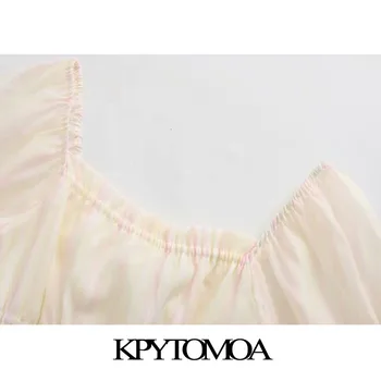 KPYTOMOA Women 2020 Sweet Fashion Ruffled Stretch съкратен блузи ретро квадратен яка буйни ръкавите на Женските ризи, шикозни блузи