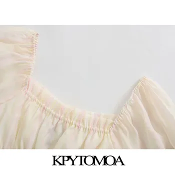 KPYTOMOA Women 2020 Sweet Fashion Ruffled Stretch съкратен блузи ретро квадратен яка буйни ръкавите на Женските ризи, шикозни блузи