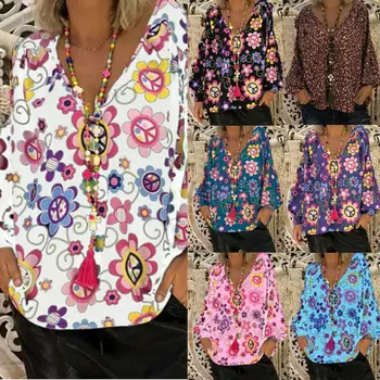 2019 нов пристигане v-образно деколте на жената шифон блузи с дълъг ръкав туника цвете печат риза плюс размер M-2XL моден дизайн лято