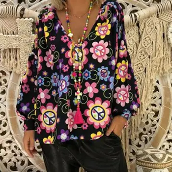 2019 нов пристигане v-образно деколте на жената шифон блузи с дълъг ръкав туника цвете печат риза плюс размер M-2XL моден дизайн лято