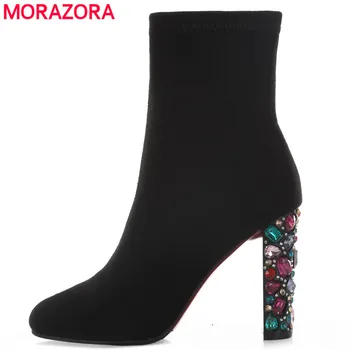 MORAZORA 2020 Нова мода Жените ботильоны 10 см планински кристал, високи токчета ботуши секси дами къси ботуши Дамски обувки спад на кораб