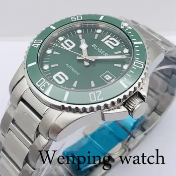 Bliger 40mm Men ' s Top Ежедневни механични часовници сребърен корпус, sapphire crystal керамични bezel зелен циферблат светещи мъжки автоматичен часовник