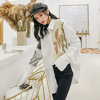 VGH Пролет женска риза отличителни с дълъг ръкав мозайка печат свободни големи жена топ Блуза 2020 мода корейски новите дрехи на прилив на