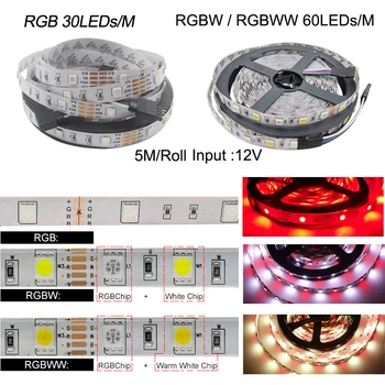 5M, 10M RGBW RGBWW LED STRIP DC12V Комплект LED Strip 5050 60LED/m с дистанционно led контролер 12V източник на захранване LED smd 5050 RGB Ивица
