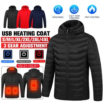 S-4XL New Мъжки Women Heated Jackets 4-Heating-Zones Outdoor Coat USB Battery Electric Long Sleeve Heating Hooded Cotton Jackets