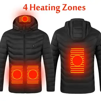S-4XL New Мъжки Women Heated Jackets 4-Heating-Zones Outdoor Coat USB Battery Electric Long Sleeve Heating Hooded Cotton Jackets