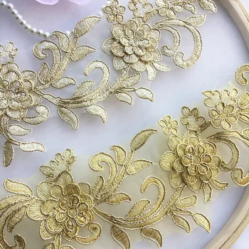 Високо качество на шиене 3D злато дантела апликация на деколтето е изискана украса, ръчно изработени довършителни бродерия тъкан аксесоари завързана кърпа