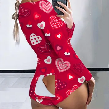 Секси дамски пижами Onesie копчета отпред функционален клапан копчета пижама с V-образно деколте възрастен гащеризон пижами Femme пижами