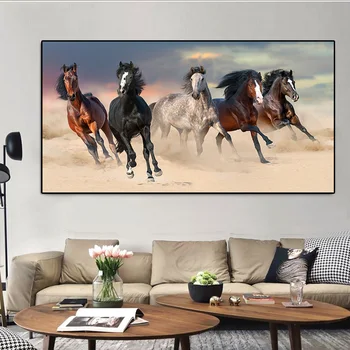 Модерни пет движещи се коне пейзаж животни Куадрос живопис с маслени бои върху платно, постери и щампи стенно изкуство картина за хола