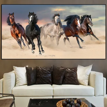 Модерни пет движещи се коне пейзаж животни Куадрос живопис с маслени бои върху платно, постери и щампи стенно изкуство картина за хола