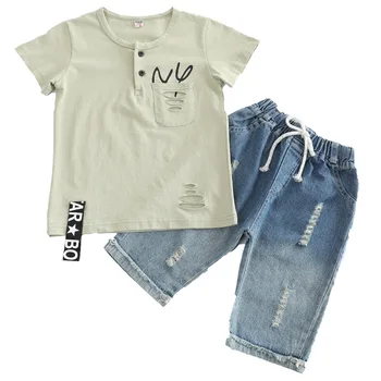 Дрехи за момчета лятото на 2019 памук къс ръкав тениска и дупка сини дънки панталони 2 бр Детски дрехи, определени модни Детски дрехи