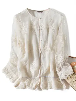 Дантела+коприна+лен бели Дамски ризи с дълъг ръкав 2020 бродерия О-образно деколте Prairie Chic Bluzki Letnie Damskie Plain Women Shirt