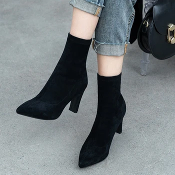 2020 зимни велурени дамски ботуши на високо качество на остър чорап висок ток участък ботуши обувки къси дамски ботуши плътен цвят чорап ботуши