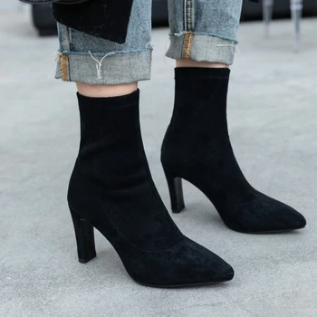 2020 зимни велурени дамски ботуши на високо качество на остър чорап висок ток участък ботуши обувки къси дамски ботуши плътен цвят чорап ботуши