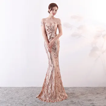2020 Seuqin Evening Party Dress елегантна дълга лятна макси рокля на жената секси халат Слаш Neck Wedding Sexy party Dress Robe Longue