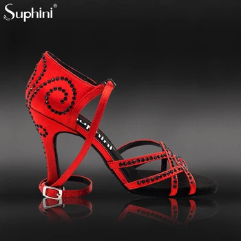 Suphini на нови приходи Червен сатен черен кристал мач Sexy 10 см професионален Flare петата Латино Салса парти танцови обувки