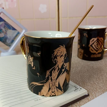 Аниме Genshin Impact Liyue Harbor Zhongli Керамична чаша чаша Мъже, Жени чаша студент карикатура вода за горещо щамповане на чашата за кафе дневен подарък
