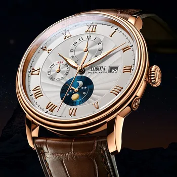 LOBINNI мъжки часовник луксозна марка Seagull автоматични механични часовници Сапфир фаза на Луната многофункционален 50 м водоустойчив L1023B-4