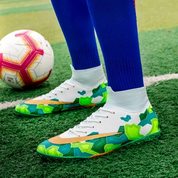 Мъжки футболни обувки, футболни обувки футболни обувки, глезените дълги шипове TF Шипове висок топ маратонки мек вътрешен Трева футзал дете футбол