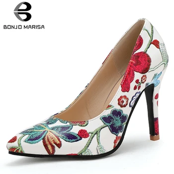 BONJOMARISA 33-45 Lady Wedding Fashion Pumps Секси Flower Embroider Party Pumps Women 2020 High Heels Pointed-Toe Shoes Woman