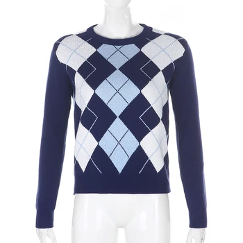 IAMHOTTY вязаный Y2K естетически Argyle женски пуловер 90s School Girls Preppy Style пуловер пуловер женски 2020 елегантен топ