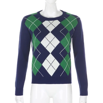 IAMHOTTY вязаный Y2K естетически Argyle женски пуловер 90s School Girls Preppy Style пуловер пуловер женски 2020 елегантен топ