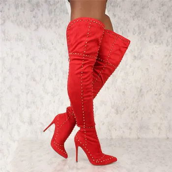 Есен-зима жени нитове украсени с дълги ботуши лют червен жена над коляното зареждане на дамите Секси хип-високи Botas Mujer 2020 обувки