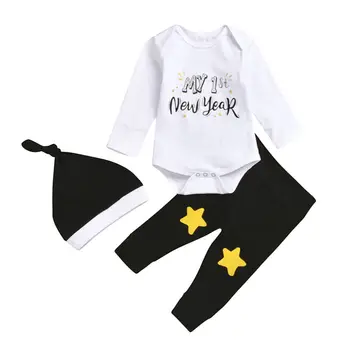 Pudcoco Ми е 1-ва Нова година новороденото дете, момиче, момче облекло Писмо печат гащеризон+гамаши, панталони, гамаши шапка ежедневни Детски дрехи, определени