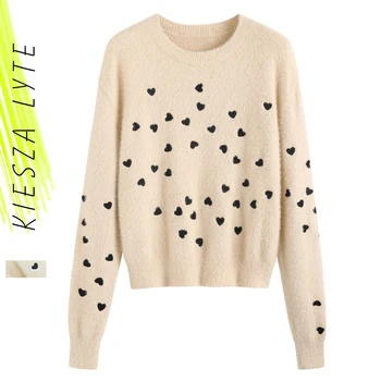 Бродерия Норка Вълнен Пуловер 2020 Есен Зима Сгъсти Сладък Случайни Плътен Цвят Топъл Пуловер Pull Femme