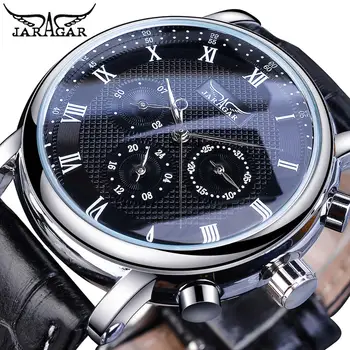 Jaragar Black Аналогов Мъжки Business Mechanical Watches 3 Sub Dial Date Естествена Кожа Автоматични Часовници Relogio Masculino