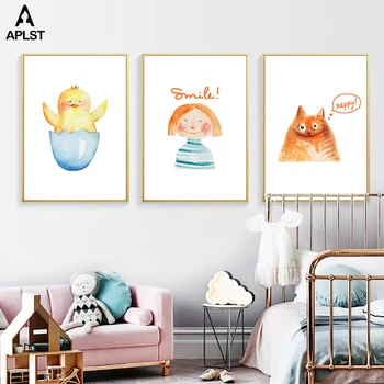 Прекрасна карикатура малки момичета, щампи, живопис върху платно животни плакати смешно изкуство стена на децата картина за детска спалня