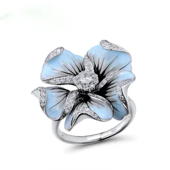 Сладък сребърен цвят син епоксидни цвете, пръстени с Цирконовым камък за жени сватбена годежен пръстен Модни бижута 2020