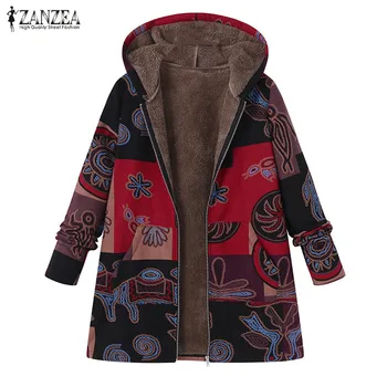 Памучни якета с принтом 2021 ZANZEA есенно палто с качулка, етническа изкуствена подплата Тънка горна дреха Женски палто с цип извънгабаритни върховете