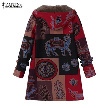 Памучни якета с принтом 2021 ZANZEA есенно палто с качулка, етническа изкуствена подплата Тънка горна дреха Женски палто с цип извънгабаритни върховете