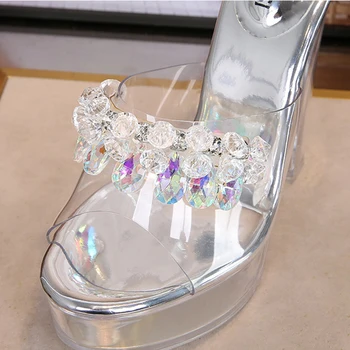 Прозрачни чехли, дамски чехли на високи токчета 13 см сандали Дамски дамски обувки от прозрачно желе открит мода сандали