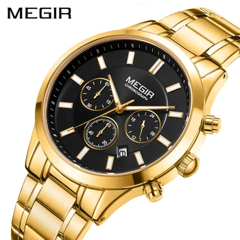 MEGIR Top Brand Luxury Men ' s Stainless Steel Band Sport Chronograph Gold Black Кварцов ръчен часовник New Business Montre Homme 2150