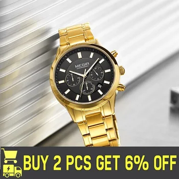 MEGIR Top Brand Luxury Men ' s Stainless Steel Band Sport Chronograph Gold Black Кварцов ръчен часовник New Business Montre Homme 2150