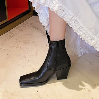 2020 зима нов черен квадратен чорап дебел ток къси ботуши кожени дамски ботильоны дамски обувки